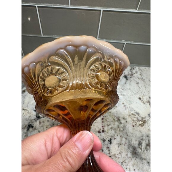 Vitg Fenton Amber Opalescent Glass Compote Candy Dish Cameo Eye & Scroll Design - Picture 5 of 12